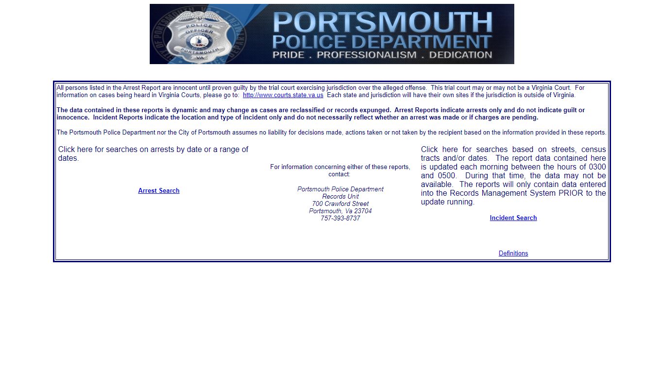 Portsmouth Police Department Arrest/Incident Reports YTD